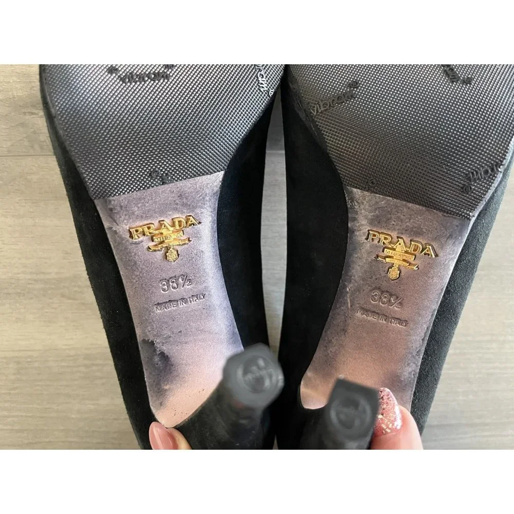 Prada Black Suede Open Toe Bow Pump All new Vibram Soles & Heel Taps Size 38-1/2 - Picture 8 of 12
